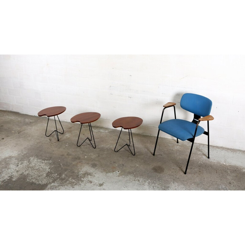 Set of 3 vintage side tables in wood and metal - 1960s