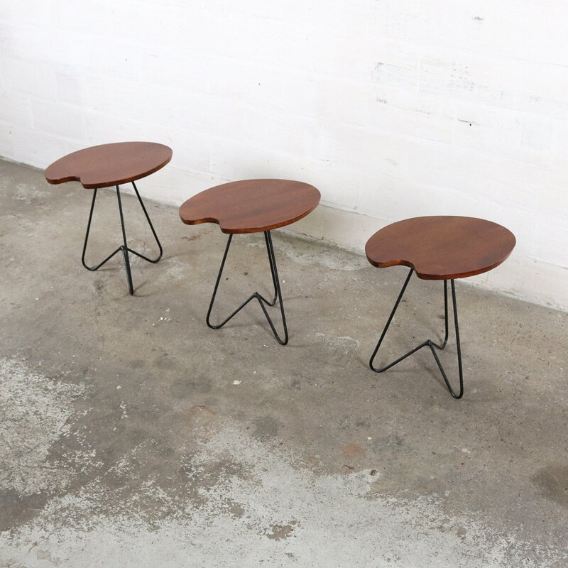 Set of 3 vintage side tables in wood and metal - 1960s