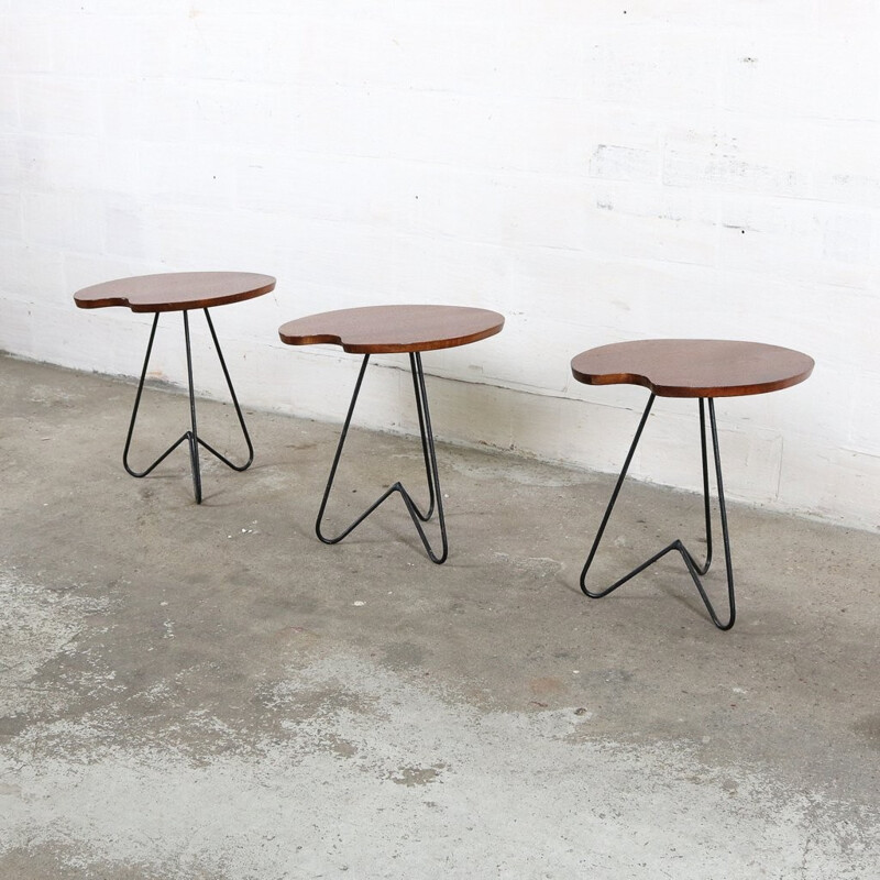 Set of 3 vintage side tables in wood and metal - 1960s