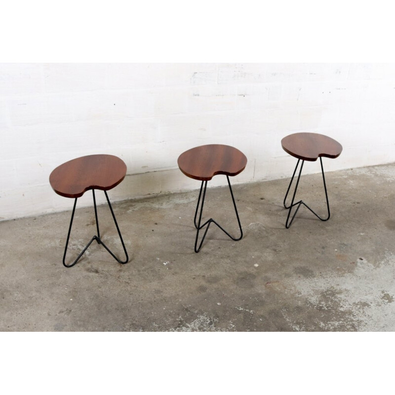Set of 3 vintage side tables in wood and metal - 1960s