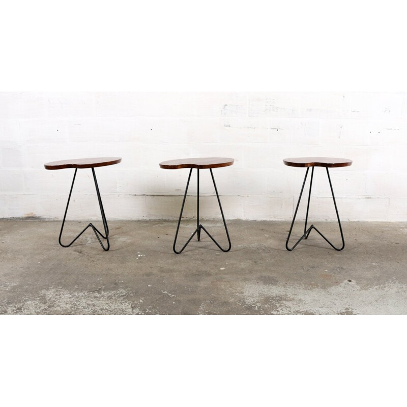 Set of 3 vintage side tables in wood and metal - 1960s