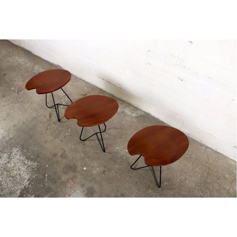 Set of 3 vintage side tables in wood and metal - 1960s