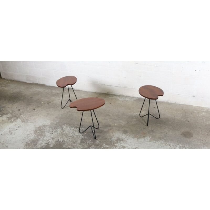 Set of 3 vintage side tables in wood and metal - 1960s