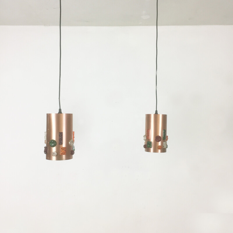 Set of 2 copper hanging lamps, Germany - 1970s