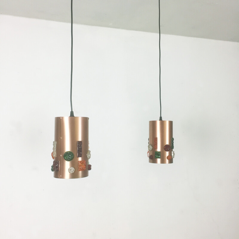 Set of 2 copper hanging lamps, Germany - 1970s