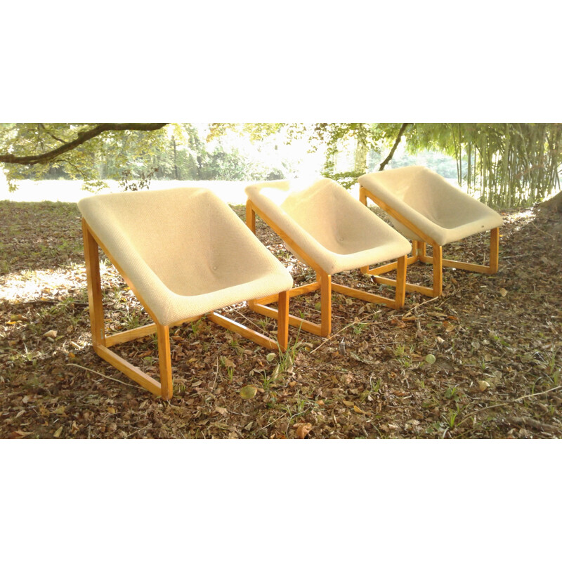 Set of three vintage armchairs in wood - 1970s
