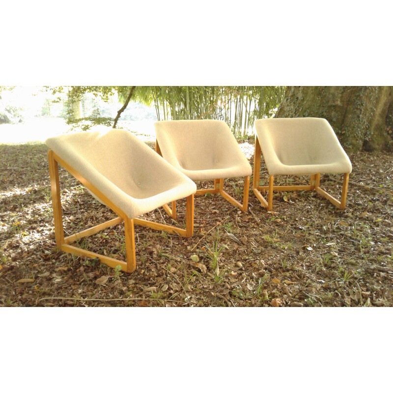 Suite de 3 fauteuils vintage en bois - 1970