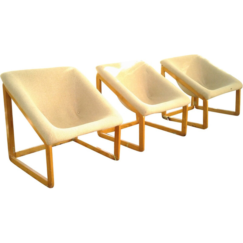 Suite de 3 fauteuils vintage en bois - 1970