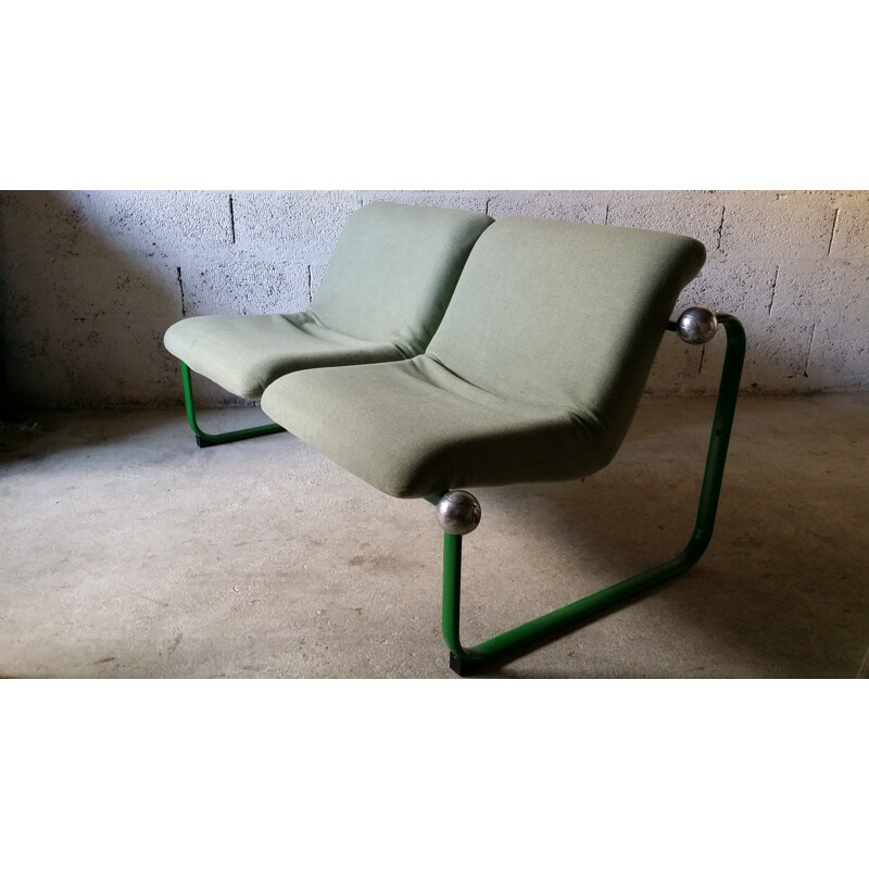 Vintage 2-seater bench in metal and green fabric - 1960s