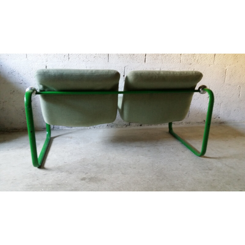 Vintage 2-seater bench in metal and green fabric - 1960s