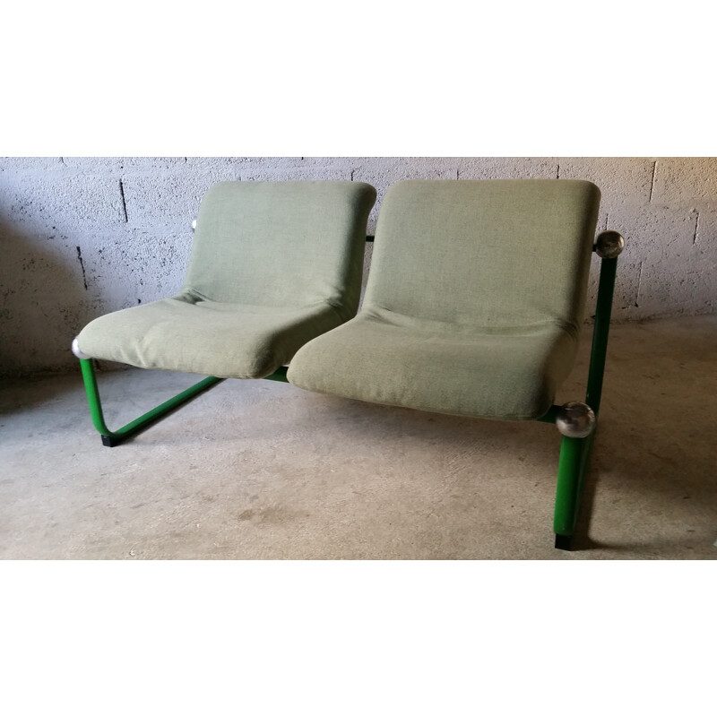 Vintage 2-seater bench in metal and green fabric - 1960s