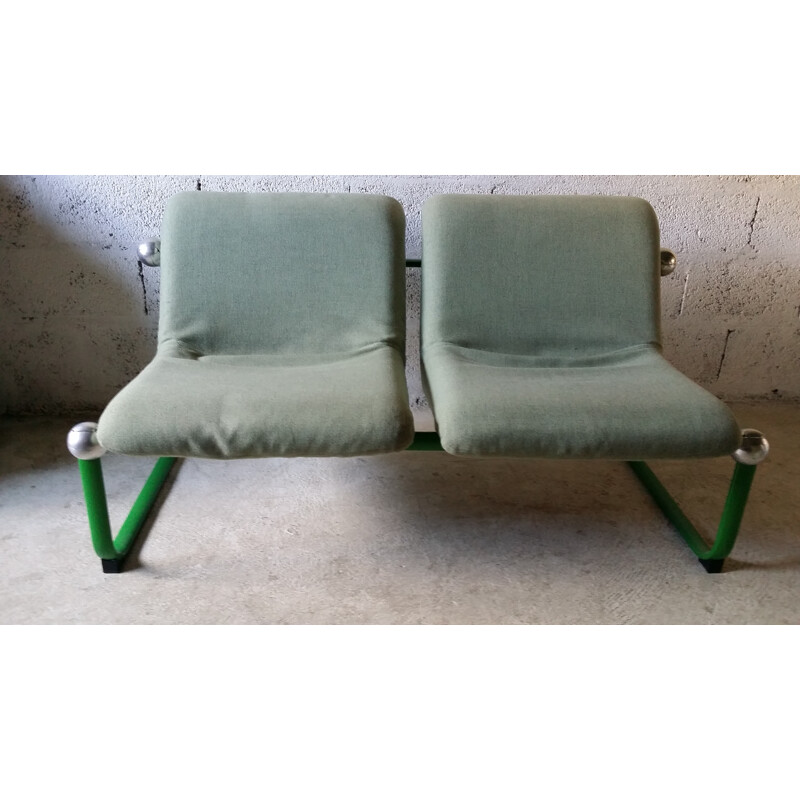 Vintage 2-seater bench in metal and green fabric - 1960s