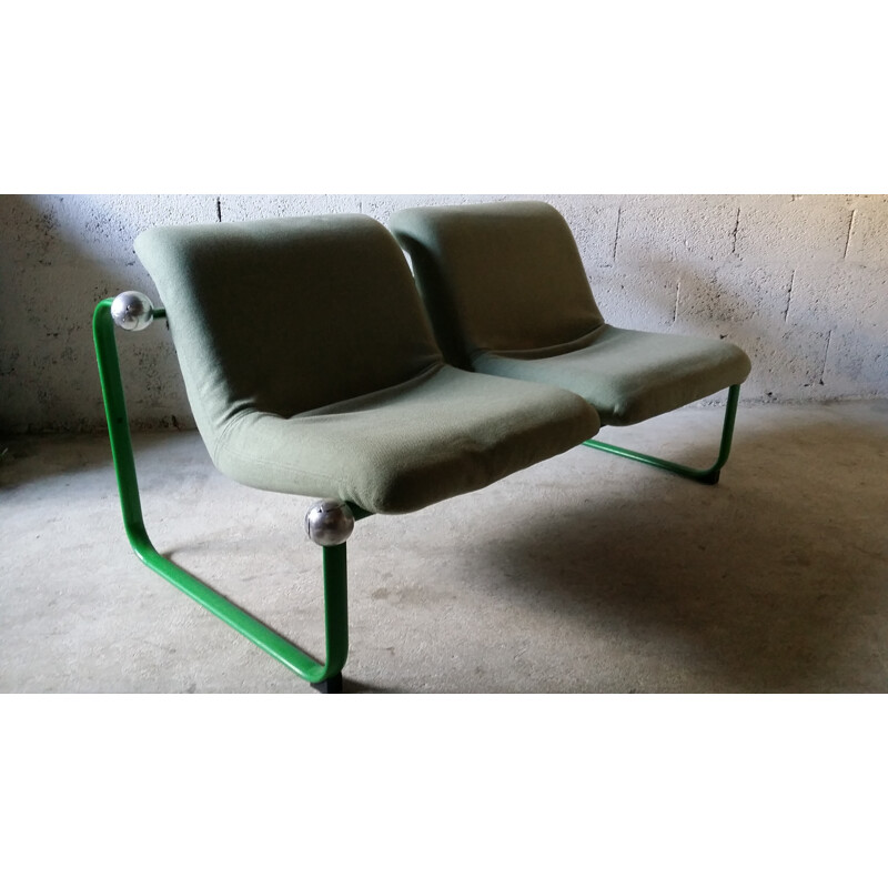 Vintage 2-seater bench in metal and green fabric - 1960s