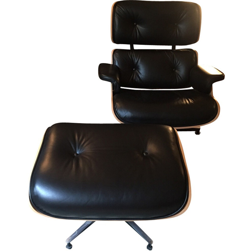 Fauteuil Lounge vintage et son Ottoman en palissandre et cuir noir d'Eames pour Herman Miller - 2000