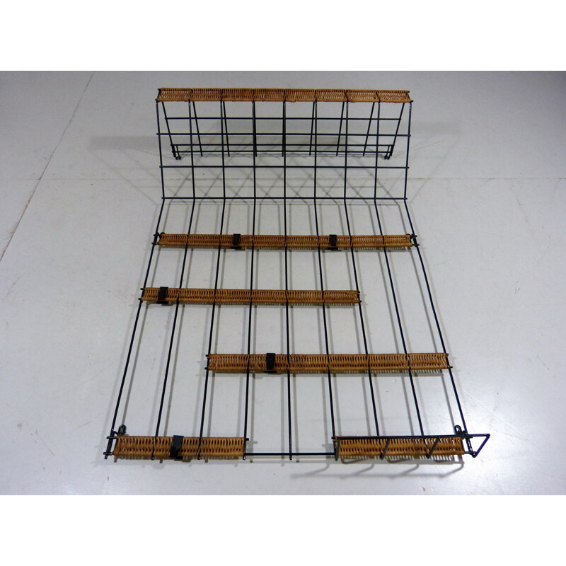 Vintage wall coat rack steel wire & rattan - 1960s