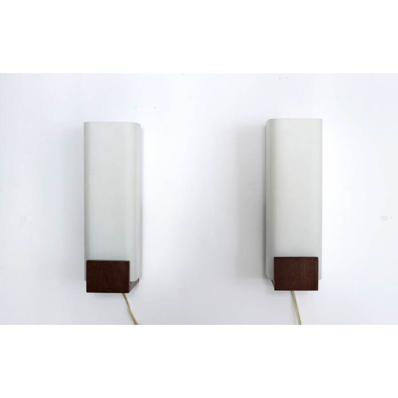Pair of wall lamps in wood and opaline by Louis Kalff - 1950s