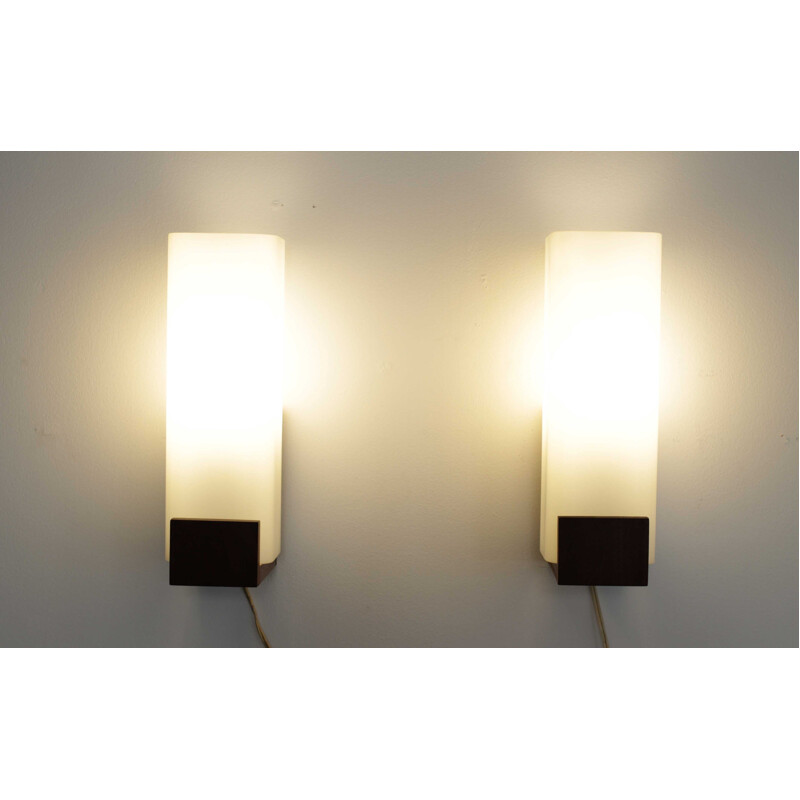 Pair of wall lamps in wood and opaline by Louis Kalff - 1950s