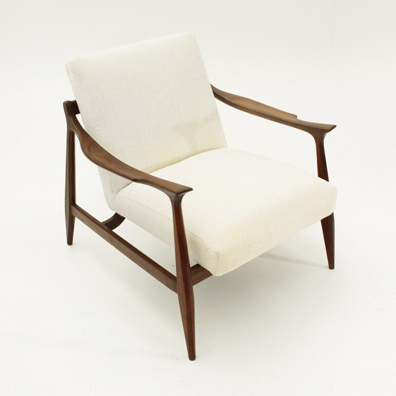 Italian vintage teak armchair in white fabric - 1960s