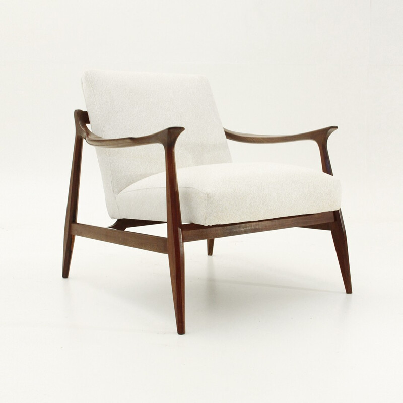 Italian vintage teak armchair in white fabric - 1960s