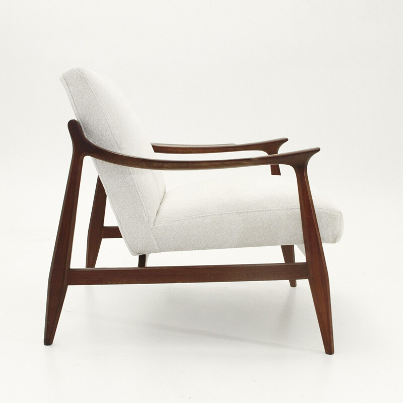 Italian vintage teak armchair in white fabric - 1960s