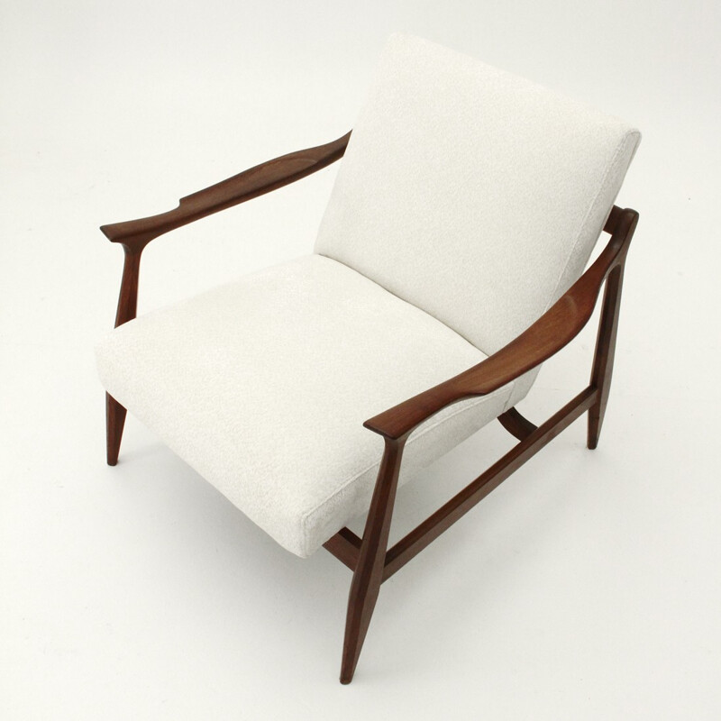 Italian vintage teak armchair in white fabric - 1960s