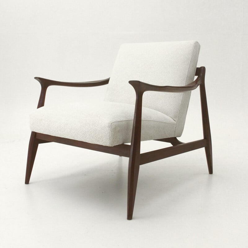 Italian vintage teak armchair in white fabric - 1960s