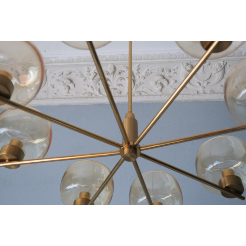 Vintage Brass and Blown Amber Glass Chandelier - 1950s