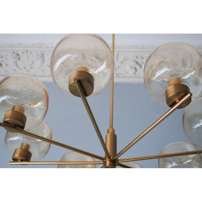 Vintage Brass and Blown Amber Glass Chandelier - 1950s