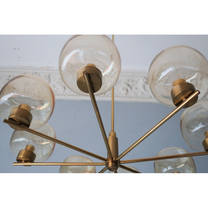 Vintage Brass and Blown Amber Glass Chandelier - 1950s