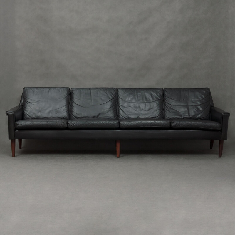 Vintage 4 seater sofa in black leather - 1960s