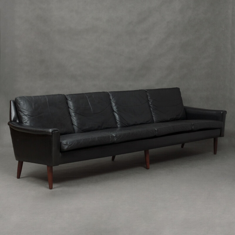 Vintage 4 seater sofa in black leather - 1960s