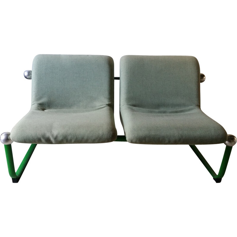 Vintage 2-seater bench in metal and green fabric - 1960s