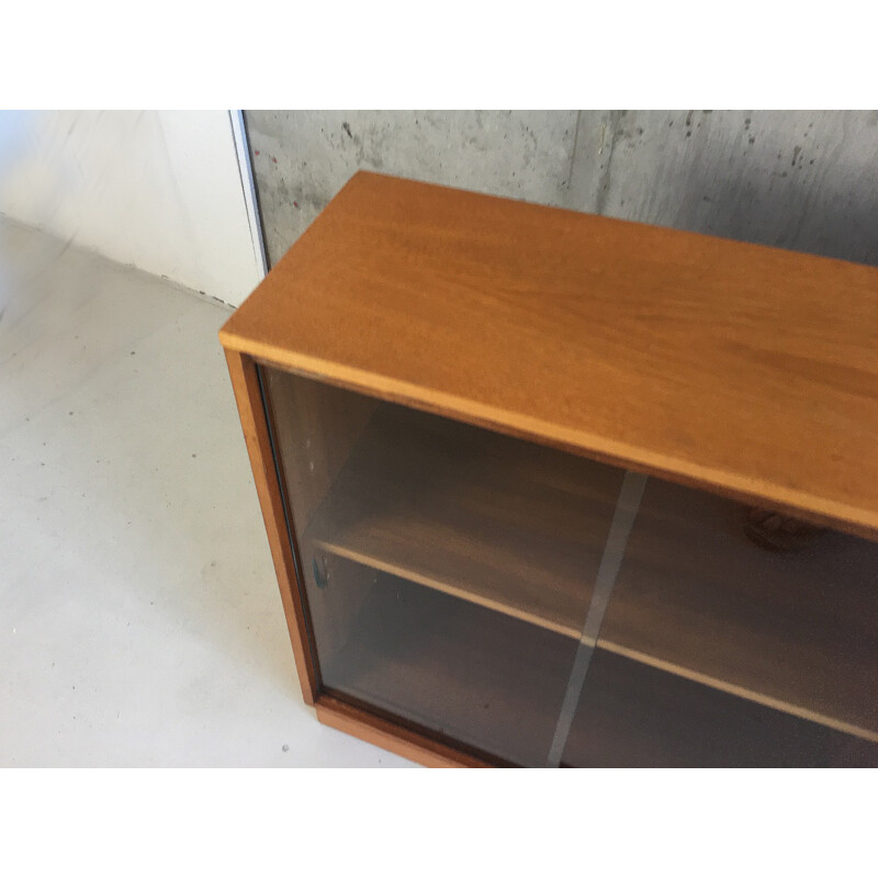 Beech long and low book case with glass sliding doors for Morris of Glasgow - 1970s