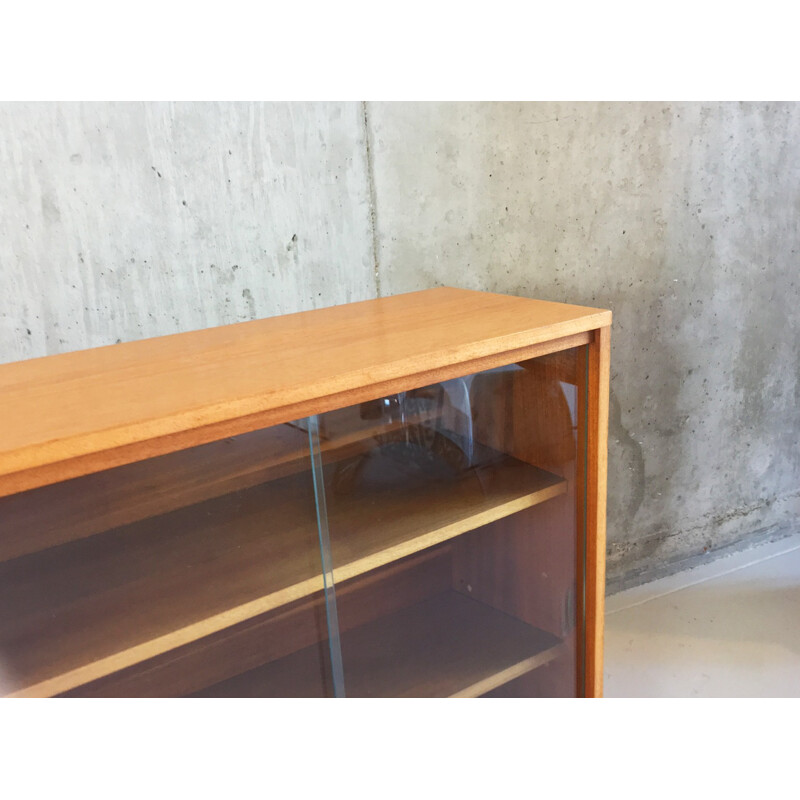 Beech long and low book case with glass sliding doors for Morris of Glasgow - 1970s