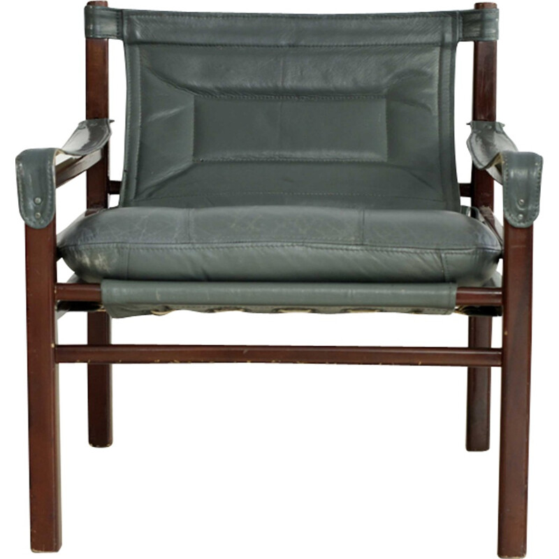 Vintage Scandinavian armchair in wood and grey leather - 1960s