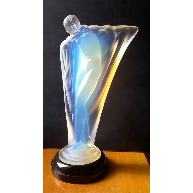 Vintage draped nude mascot in opalescent glass by Edmond Etling, France 1920
