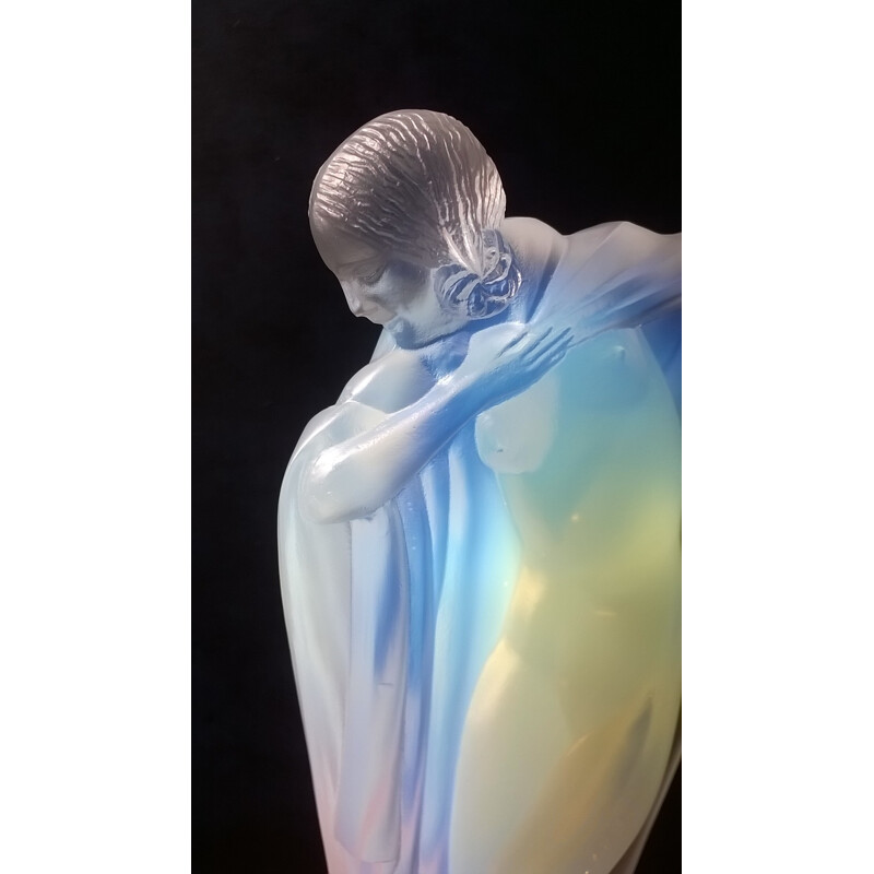 Vintage draped nude mascot in opalescent glass by Edmond Etling, France 1920