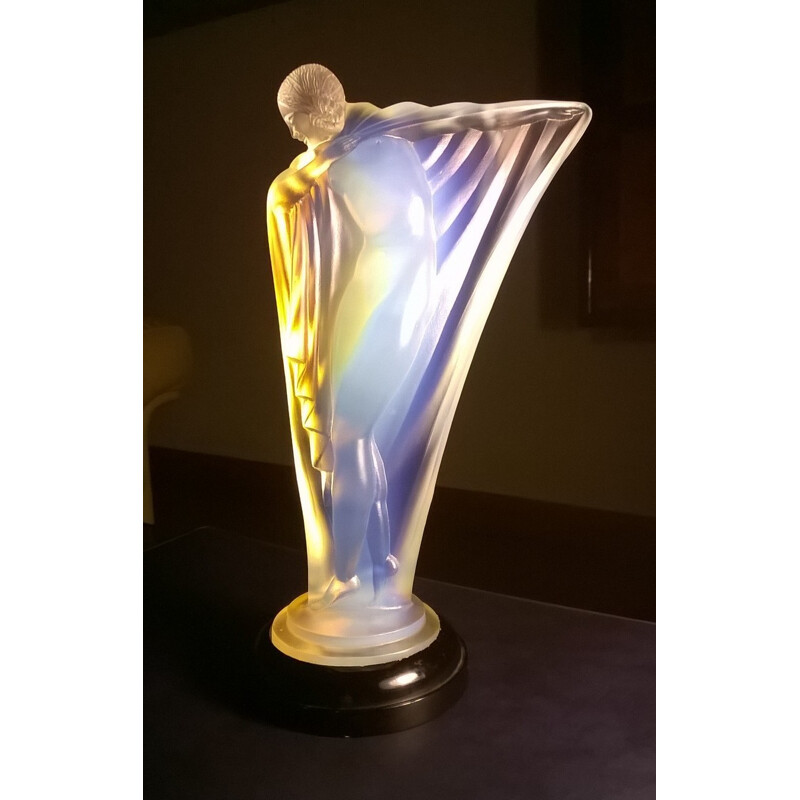 Vintage draped nude mascot in opalescent glass by Edmond Etling, France 1920