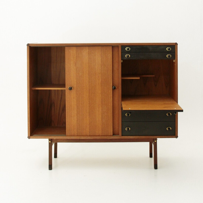 Italian Highboard with Wood and Brass Knobs - 1960s