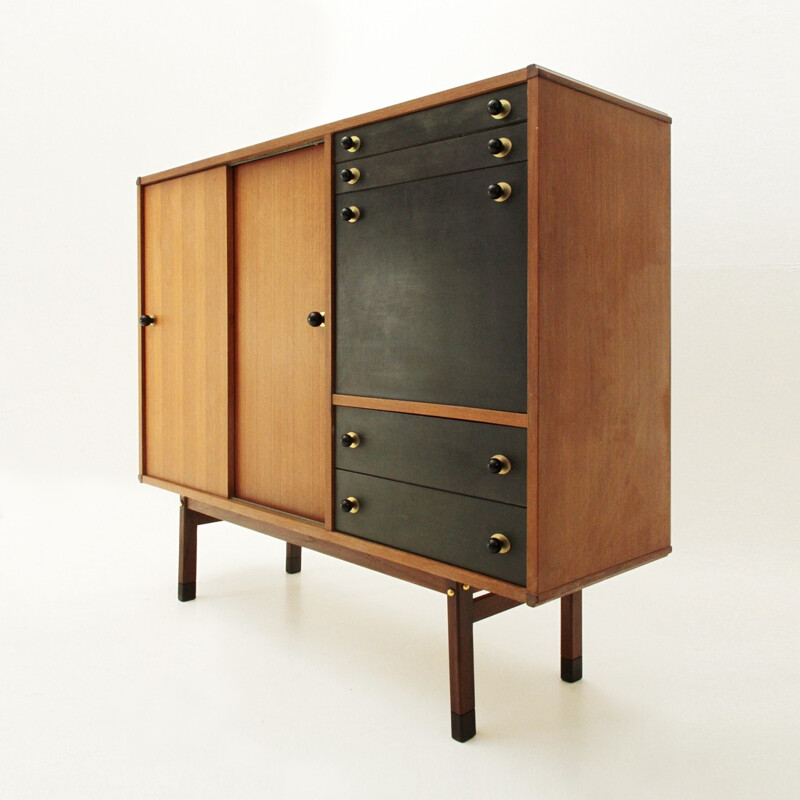 Italian Highboard with Wood and Brass Knobs - 1960s