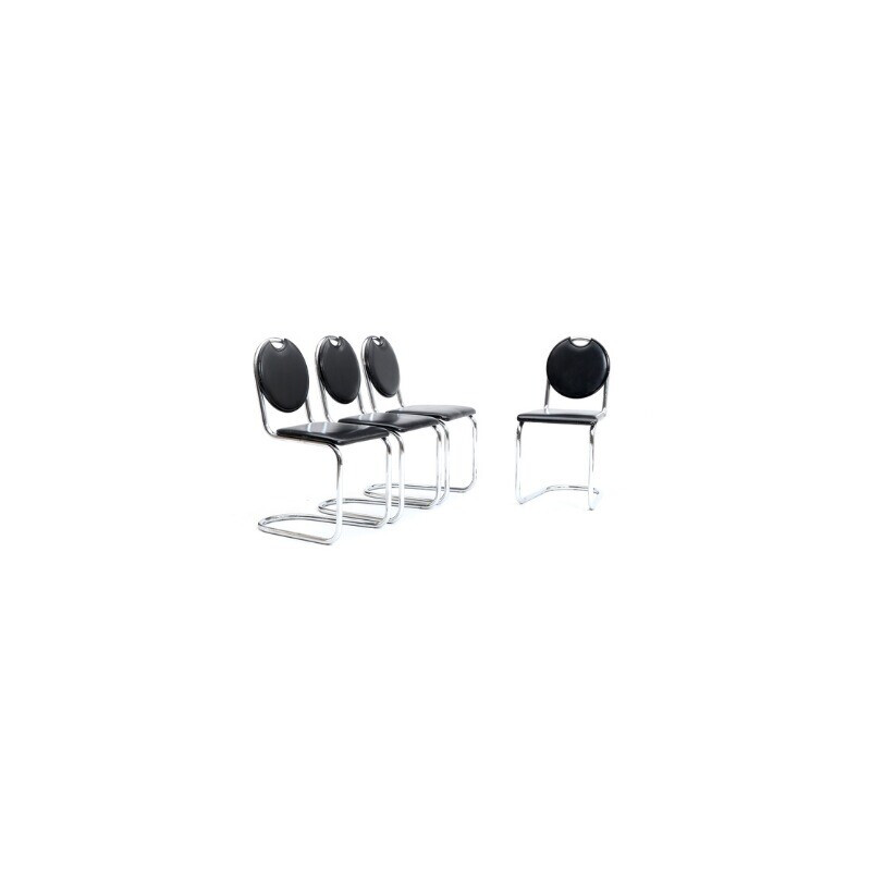 Set of 4 Chromed and leather Chairs, Bauhaus by Sven Markelius - 1940s