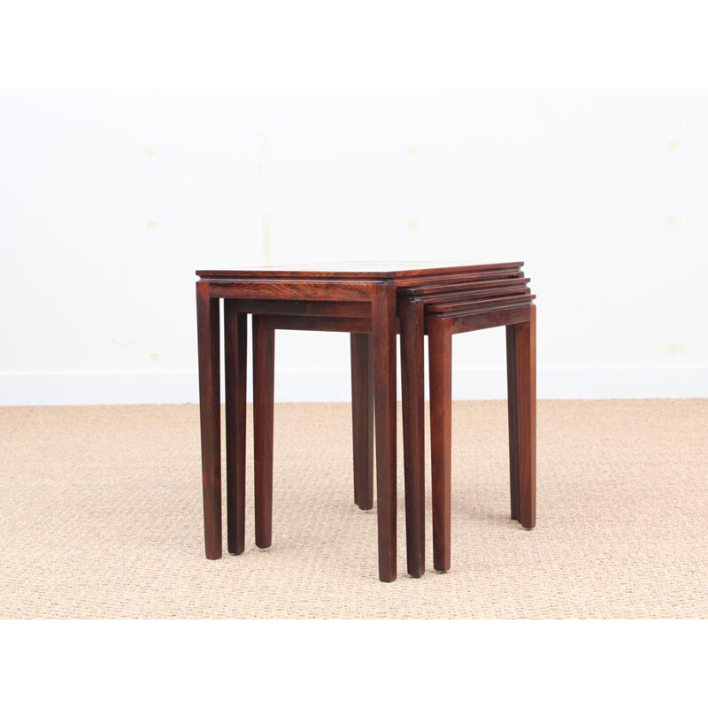 Set of 3 nesting tables made of Rio rosewood and ceramic - 1950s