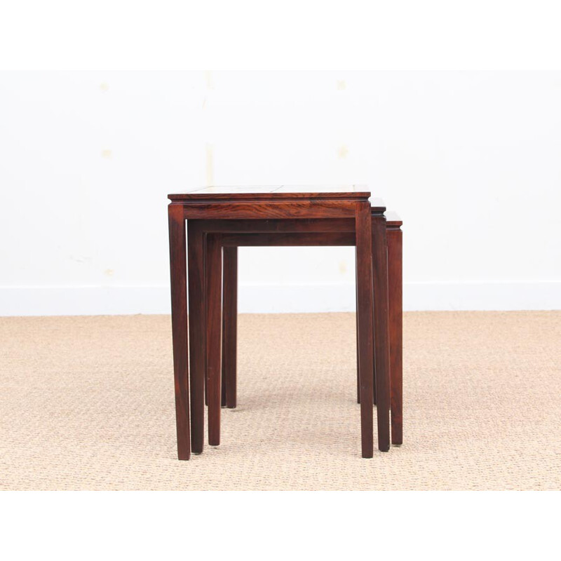 Set of 3 nesting tables made of Rio rosewood and ceramic - 1950s