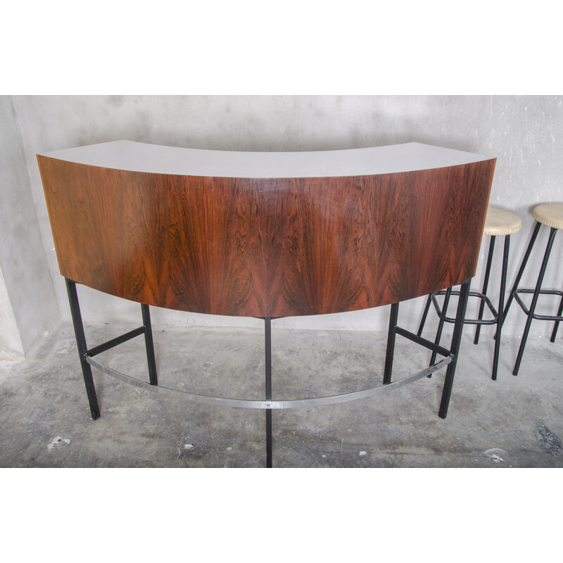 Vintage Large Curved Rosewood Veneer Bar - 1960s