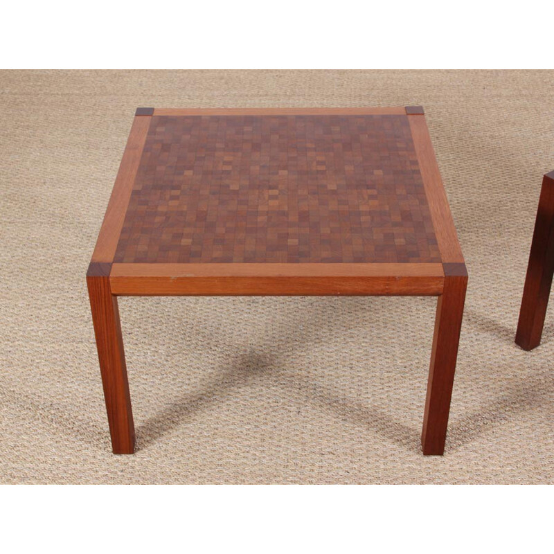 Pair of square Scandinavian coffee tables made of marquetry by Rolf Middelboe & Gorm Lindum - 1970s