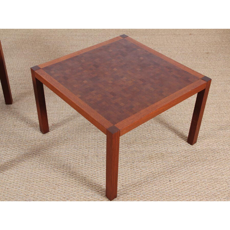 Pair of square Scandinavian coffee tables made of marquetry by Rolf Middelboe & Gorm Lindum - 1970s