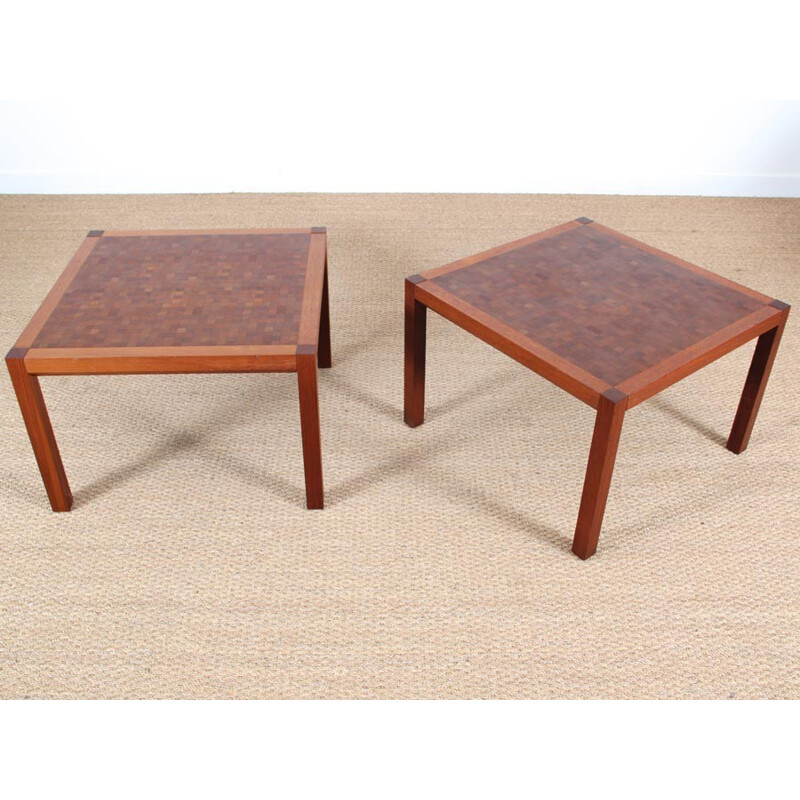 Pair of square Scandinavian coffee tables made of marquetry by Rolf Middelboe & Gorm Lindum - 1970s