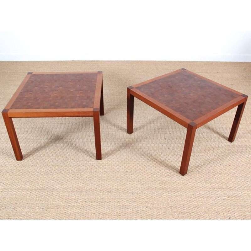 Paire de tables basses scandinaves carrées en marqueterie de Rolf Middelboe & Gorm Lindum - 1970