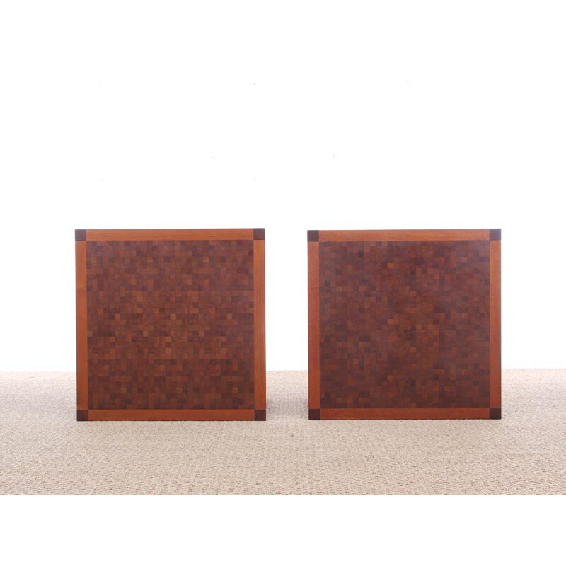 Pair of square Scandinavian coffee tables made of marquetry by Rolf Middelboe & Gorm Lindum - 1970s