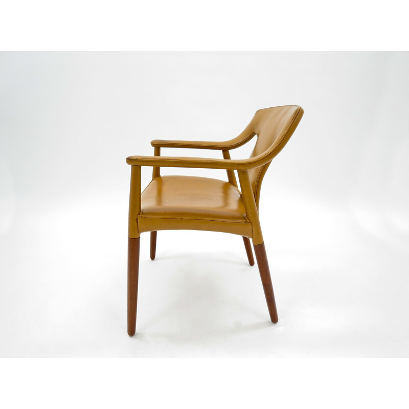 Armchair in tan Leather and Teak by Bender Madsen and Larsen - 1950s